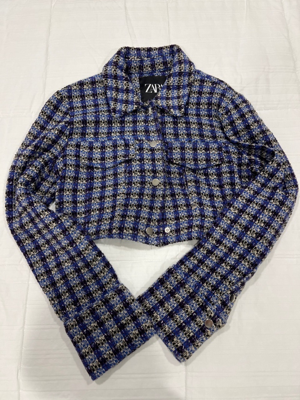 Zara Blue and Black Plaid Cropped Tweed Blazer